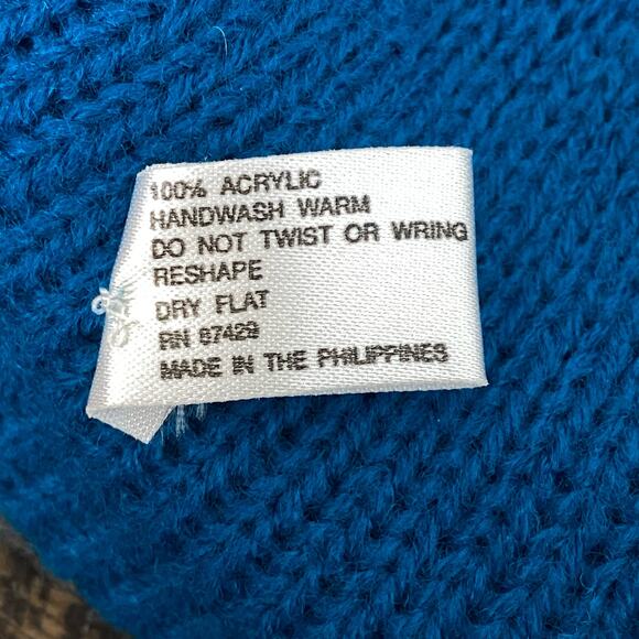 Vintage Blue Knit Beret Top Tassel Black Geometric Pattern Phillipines 80s 90s - Picture 7 of 12